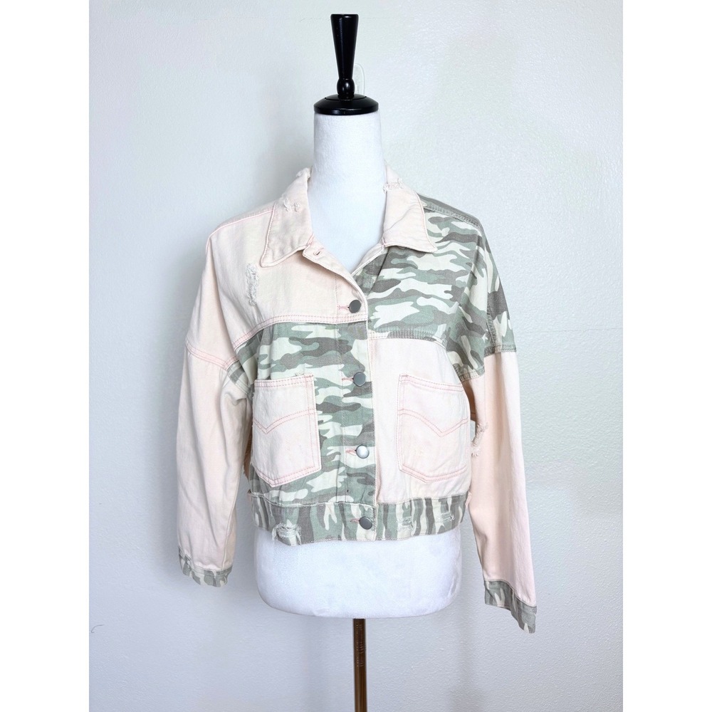 Pol Light Pink & Camo Distressed Oversized Drop Shoulder Denim Jacket Size Large